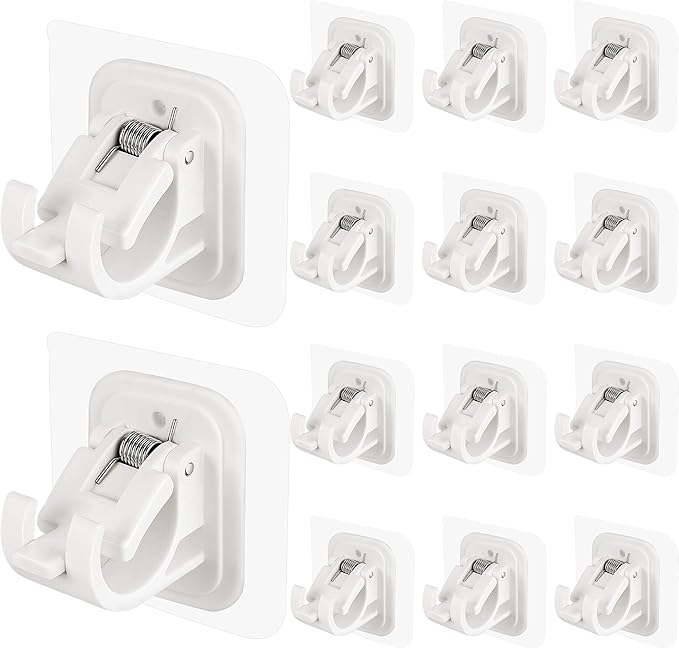 14PCS No Drill Curtain Rod Brackets No Drilling Self Adhesive Curtain Rod Holder Hooks Nail Free Adjustable Curtain Rod Hooks Curtain Hangers for Bathroom Kitchen Home Bathroom and Hotel (White)