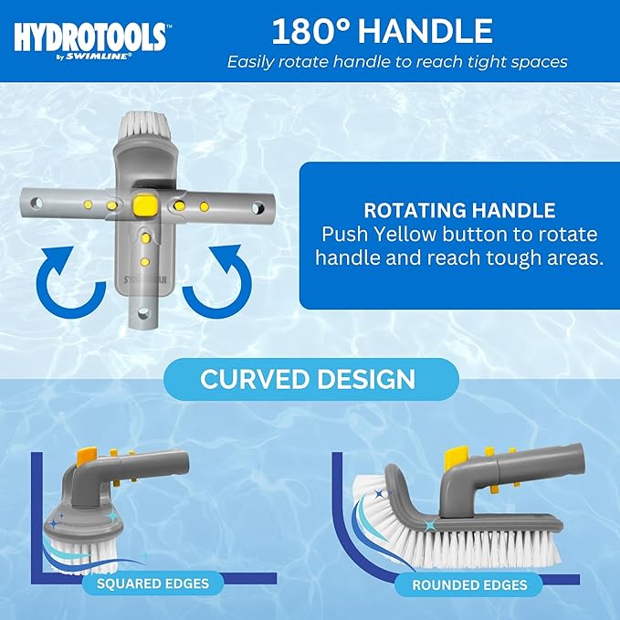 SWIMLINE HYDROTOOLS Pool Floor Wall Step Brush for Inground & Above Ground Pools | 180° Rotating Step & Corner Brush with EZ Clip for Hard-to-Reach Spots & Spa Walls