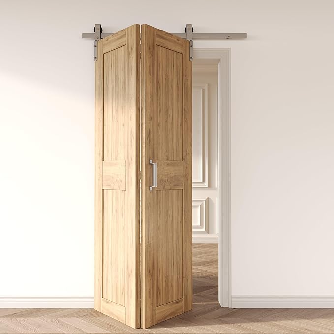 Homacer 60in Brushed Nickel Bi-Folding Sliding Barn Door Hardware Kit for 2 Doors,Heavy Duty, Quietly,Easy to Install (Door Not Included)