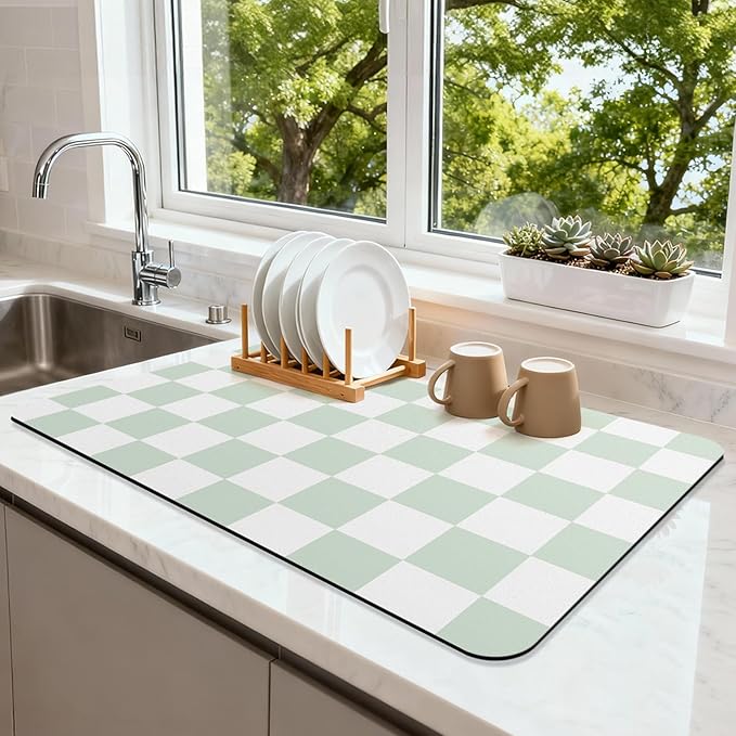 Checkered Dish Drying Mat （Green，24" x 16"） for Kitchen Counter Coffee Mat Bar Accessories,Fit Uder Pot, Dish Rack,Hide Stain,Absorbent Easy Clean