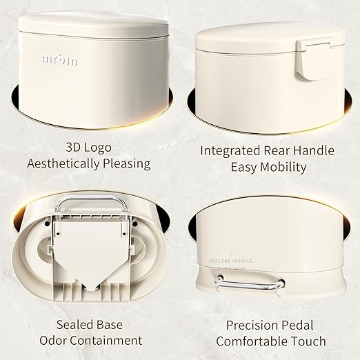 MRBIN Metal Kitchen Trash Can with Lid, 30L / 7.9gal Commercial Step Waste Basket for Bathroom, Medium Office Garbage Pail with Stainless Steel Foot Pedal for Near Desk, Bedroom, Rv, White