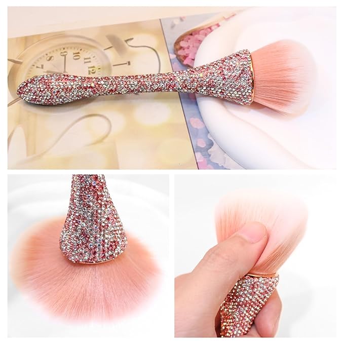 WOKOTO 1pcs Pink Shiny Rhinestone Nail Art Dust Brushes For Acrylic Nails Powder Remover Brushes Loose Face Cosmetics Blending Liquid Foundation Powder Make Up Brushes Nail Trimming Cleaning Tools