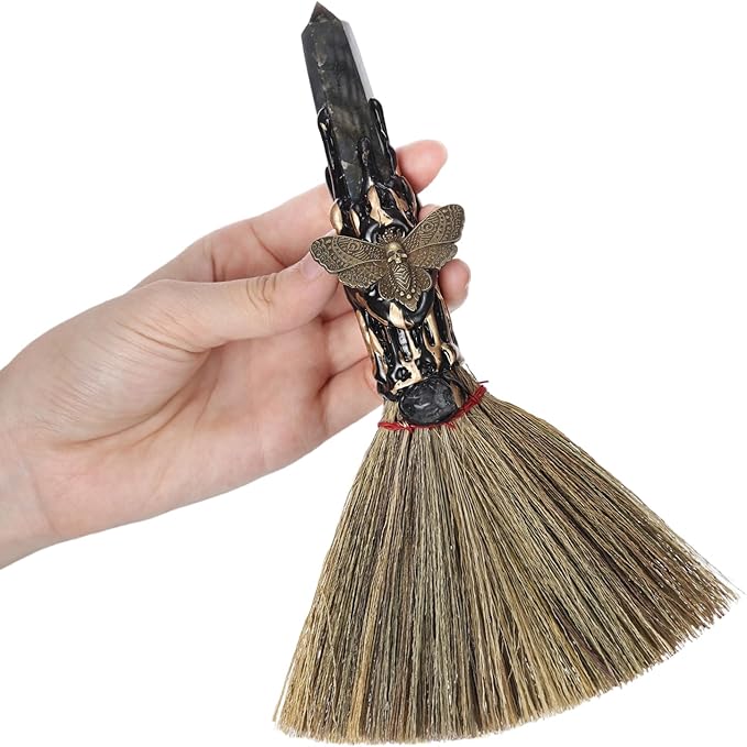 Labradorite Witch Altar Broom - Wiccan Stuff Witchcraft Supplies Moth Mini Magic Broomstick with Natural Healing Crystals Hexagonal Points Pagan Reiki Fengshui Energy Clearing Gift
