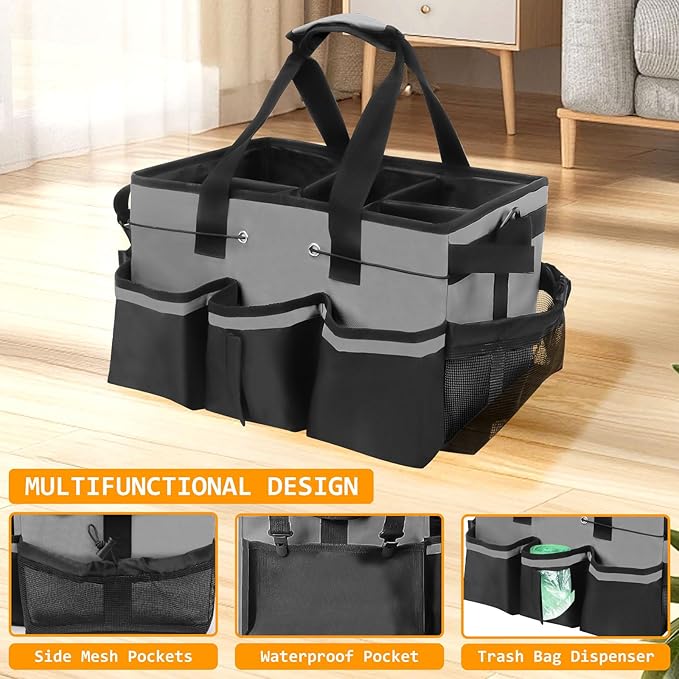 Wearable Cleaning Caddy Organizer with Handle & Shoulder Straps for Cleaners, 5 Compartments, Housekeeping Tote for Kitchen & Bathroom, Car Tool Caddy Organizer Bag (gray)