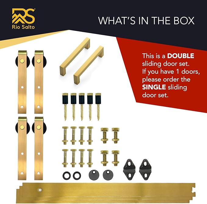 Rio Salto Mini Gold Barn Door Hardware Kit with 2 Handles, Double Pannel Cabinet Rollers DIY Track for Sliding Furniture (Light Gold, 8FT Track Kit (Double Door)