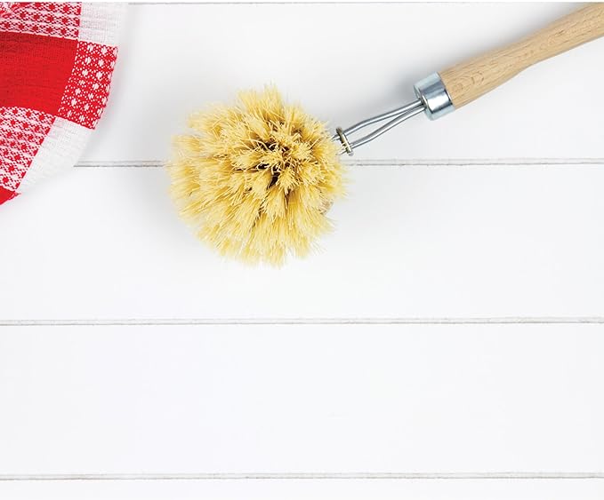 HIC Kitchen Natural Bristle Veggie and Dish Scrub Brush, Non-Scratch Natural Tampico Bristles with Wooden Handle