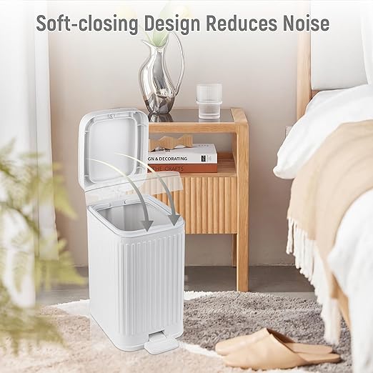 rejomiik Small Bathroom Trash Can with Lid 1.9 Gallon Step Trash Can Slim Garbage Can with Soft-Close Waste Bin for Bathroom, Bedroom, Office, Dorm, RV, White