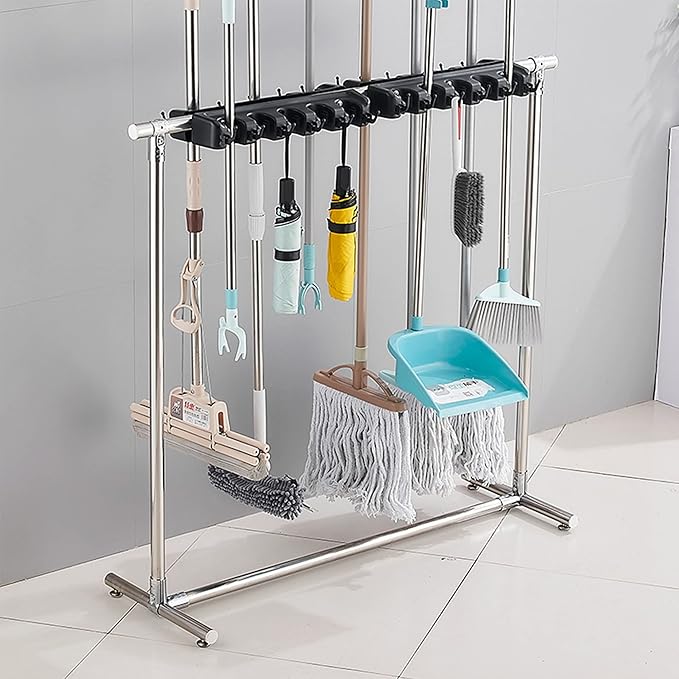 Movable Commercial Stainless Steel Mop Rack,Mop and Broom holder,Floor Standing Mop Broom Holder Cleaning Tool Rack, Umbrella Stand,Schools,Factories,Hospitals,Garage,Home Organization Must Haves ( Si