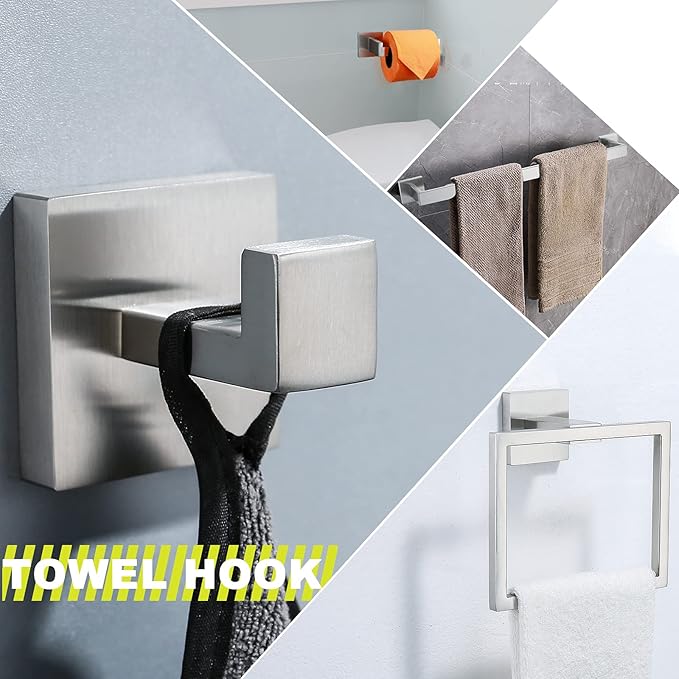 Brushed 4-Piece Bathroom Hardware Set Premium Stainless Steel Bath Towel Bar Sets Wall Mounted Square Bathroom Accessories Kit, 23.6 Inch Brushed Nickel