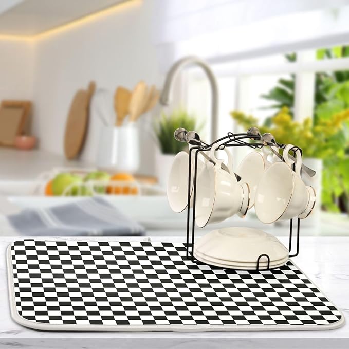 Black White Checkered Pattern Dish Drying Mat for Kitchen Counter Absorbent Microfiber Drying Pad, Large 18x24 in, Reversible Drainer Mats