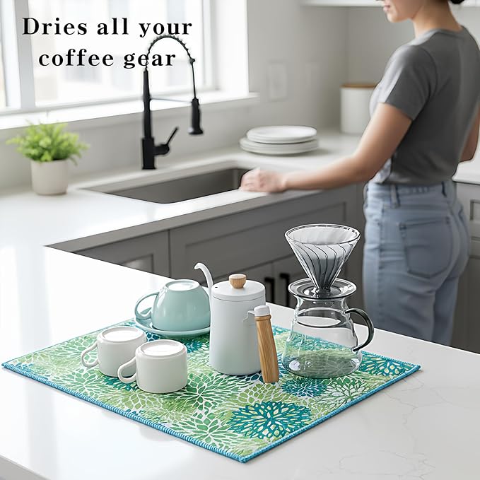 Dish Drying Mat by JM.JEEMI, Dish Drying Mats for Kitchen Counter, Kitchen Drying Mat Dish Mat - Microfiber, Green, 15 by 19.7 Inch