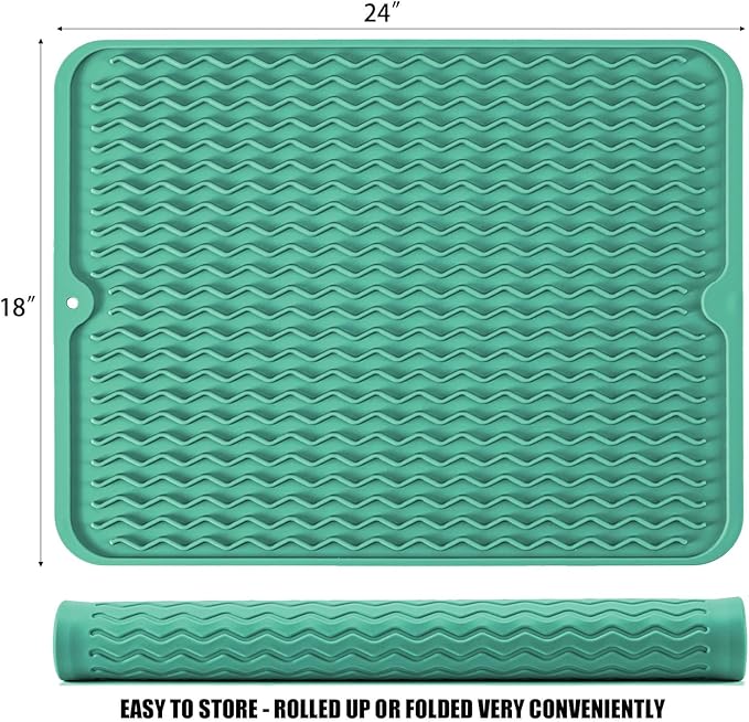Large 24" x 18" Silicone Dish Drying Mat for Kitchen Counter, Easy clean, Quick Dry, Heat-resistant Dish Drainer Mat for Sink,Refrigerator or Drawer liner (Food Grade Silicone-Green)