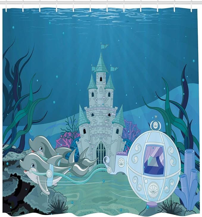Ambesonne Ocean Shower Curtain, Mermaid Castle with Dolphins Moss Fish Sun Beams Art Print, Cloth Fabric Bathroom Decor Set with Hooks, 69" W x 84" L, Turquoise Teal