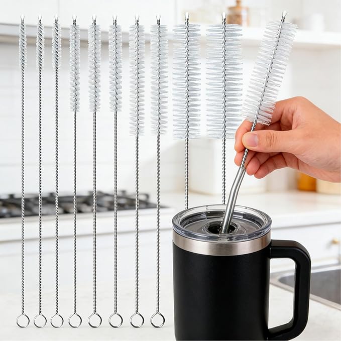 10Pcs Straw Cleaner Brush, Reusable Metal Handles Straw Cleaner Brush Extra Long for Stanley Mug 40, 30, 20 oz, 10mm 20mm Wide for Sippy Cup, Water Bottle and Tubes Pipe