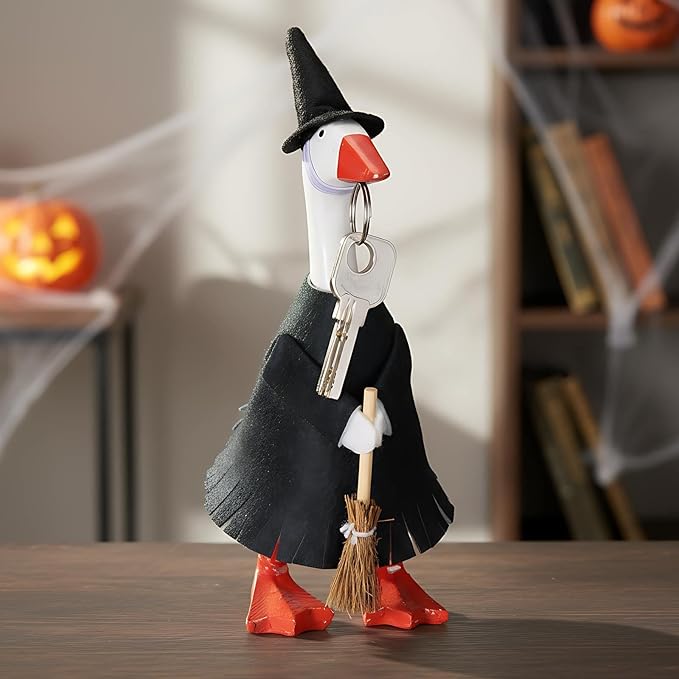 Abbylike Thanksgiving Mini Desk Goose Outfits 7 Inch Magnetic Silly Goose Statue Candy Corn Costume with Witch Hat and Broom for Halloween Magnetic Duck Statue Desk Key Holder Decor(Witch)