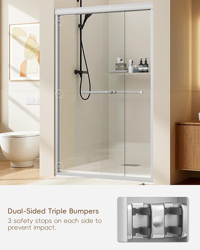 Shower Door 44-48'' W x 72'' H Semi-Frameless & Double Sliding, 1/4 inch (6mm) Thickness Clear Tempered Glass for Walk-in Shower, Brushed Nickel