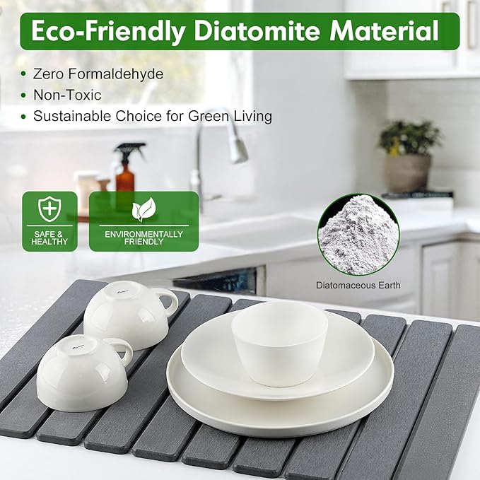 Stone Dish Drying Mat for Kitchen Counter | Diatomaceous Earth Water Absorbing Large Dry Mats 24"×16" Gray
