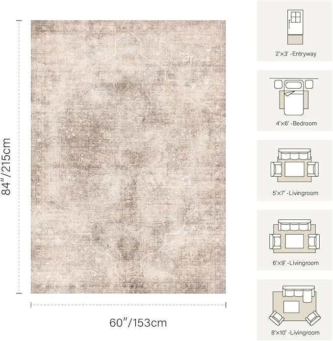 Vintage 8x10 Beige Brown Rug for Living Room, Washable Large Neutral Area Rugs for Bedroom, Dining Room, Kitchen, Distressed Low Pile Floor Carpets for Kids Nursery Classroom Farmhouse Office