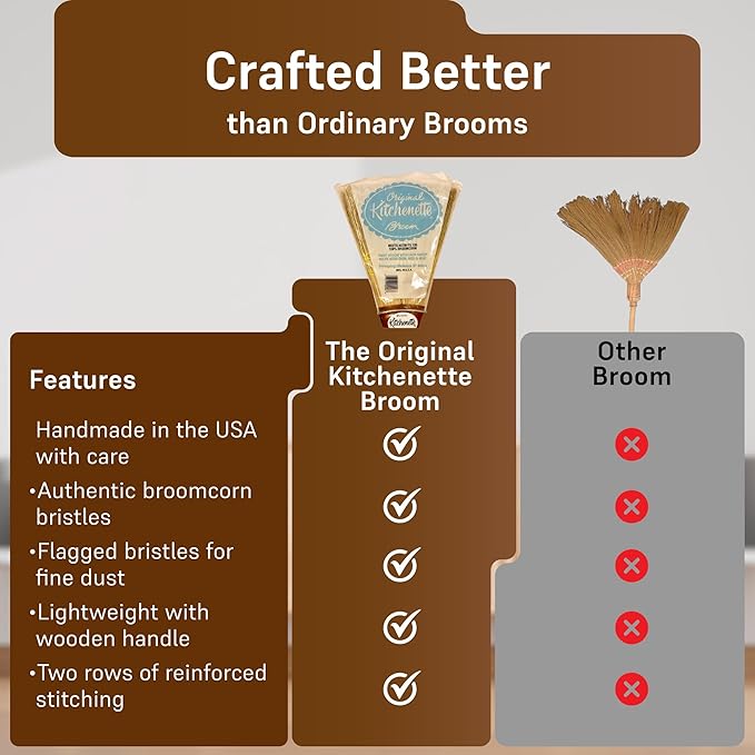 The Original Kitchenette Broom - 14oz Ultra-Lightweight Handmade Sweeper - 100% Mexican Broomcorn Bristles - Solid Wood Handle - Made in USA - Professional Non-Scratch Brush for Wood & Tile Floors