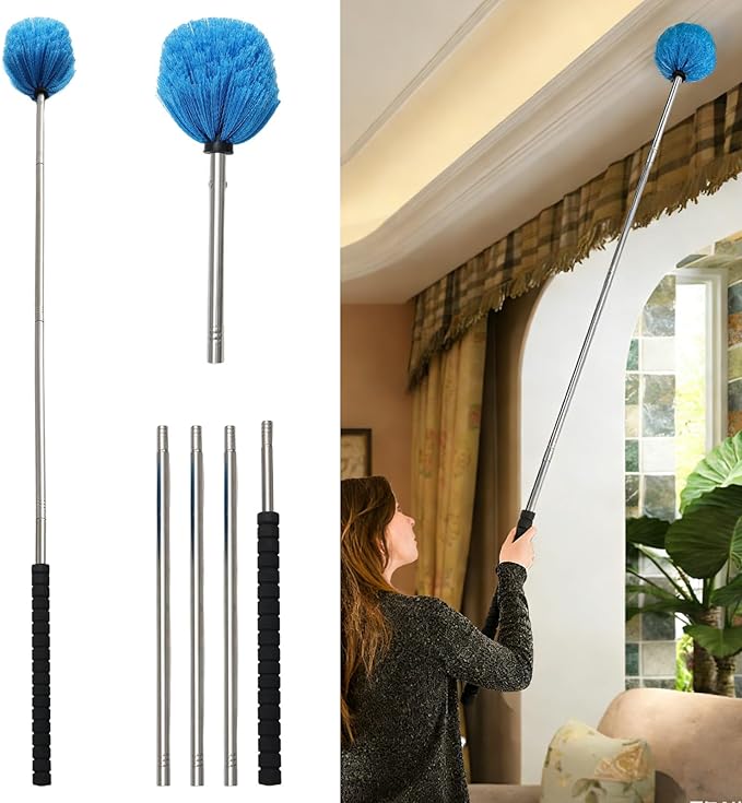 Cobweb Duster Brush with Extension Pole,Lightweight 5ft Long Spider Web Cobwebs Ceiling Fan Dust Cleaning Brush Kit with Washable Head for Furniture, Eaves, VentRoof House Cleaning up to 12.5ft
