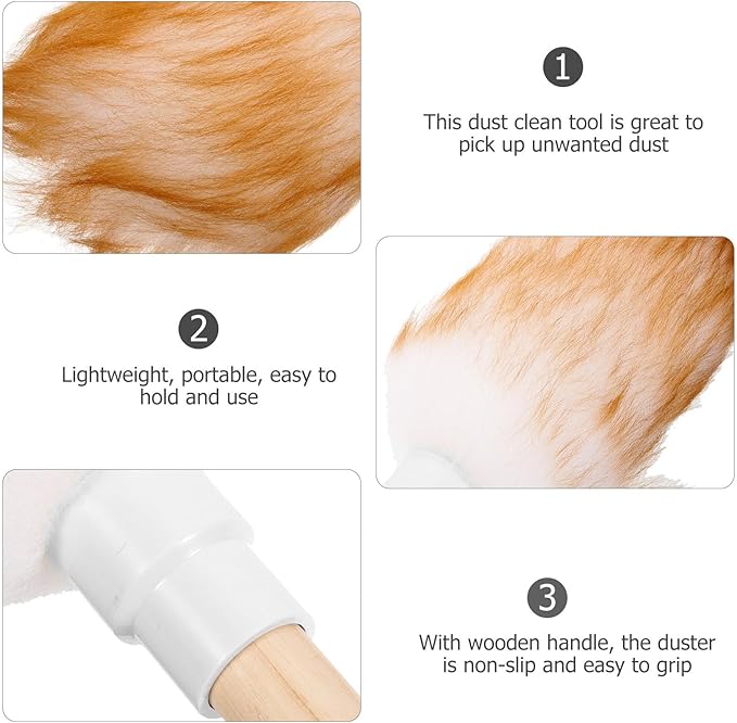 NOLITOY Wool Duster for Car and Furniture Dust Cleaning, Small White Lambswool Handheld Duster with Wooden Handle, Washable Household Dust Removal Tool for Interior and Home Use