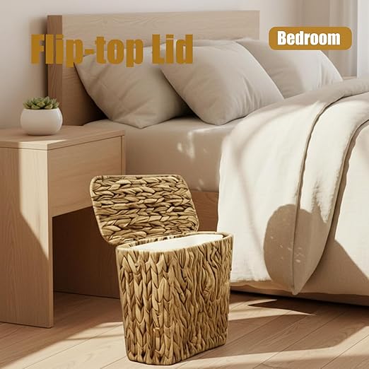 Yatmung Wicker Trash Can Small Bathroom Trash Can with Lid - Boho Waste Basket for Bedroom, Living Room, Office - Natural Water Hyacinth - Narrow Garbage Can with Removable Liner