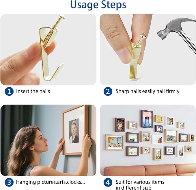Aynoo 304 Pieces Picture Hanging Kit,Coat and Towel Wall Hooks,4 Size Picture Hooks Including 10/30/50/100 lbs,Metal with Nails