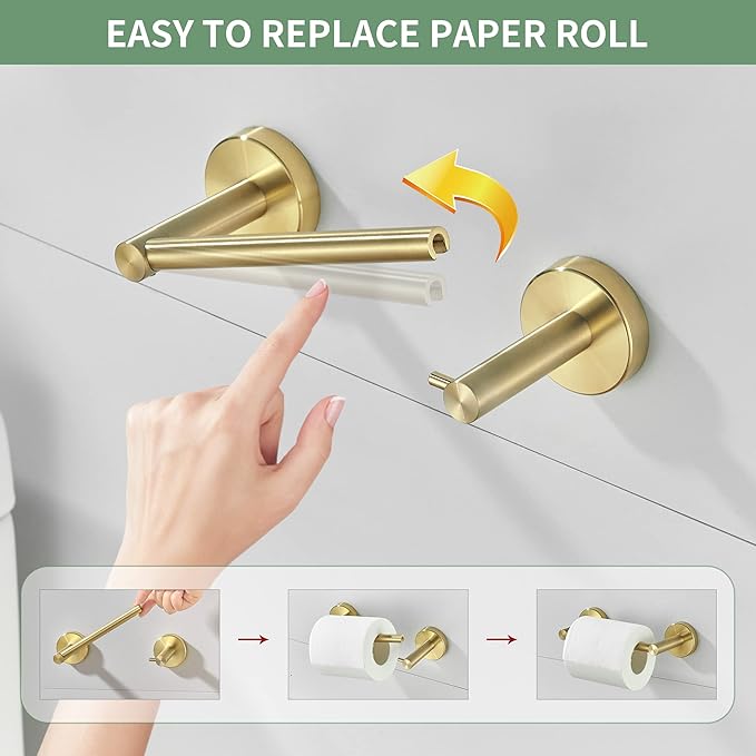 Gold Toilet Paper Holder, Bathroom Toilet Paper Roll Holder Brushed Gold TP Tissue Storage Wall Mount with Double Post Pivoting SUS304 Stainless Steel