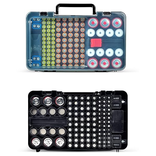 Battery Organizer Storage Case with Tester Checker. Batteries Holder Box Container for 120+ AA AAA 9V C D Lithium CR2025 CR1632 CR2032 Coin Cell Battery with Wall-Mounted Design -Black