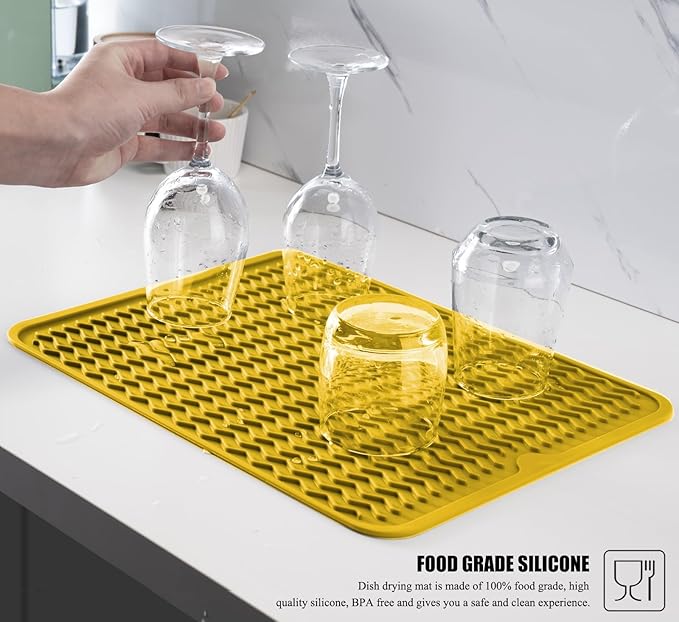 Large 14" x 11" Silicone Dish Drying Mat for Kitchen Counter, Easy clean, Quick Dry, Heat-resistant Dish Drainer Mat for Sink,Refrigerator or Drawer liner (Food Grade Silicone-Yellow)