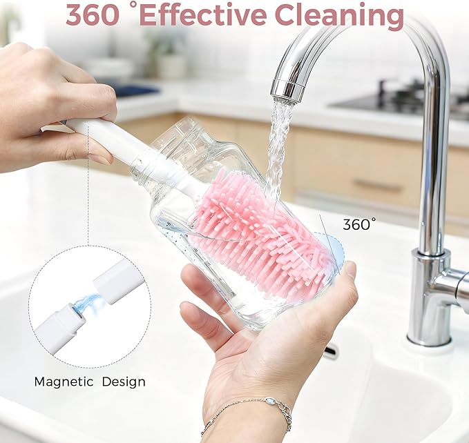 Baby Bottle Brush Set,8 in 1 Magnetic Design Cleaner Bottle Brush Kit with Silicone Brush,Drying Rack for Baby Bottle, Breast Pumps,Nipples - Home&Travel Gift for New Parents