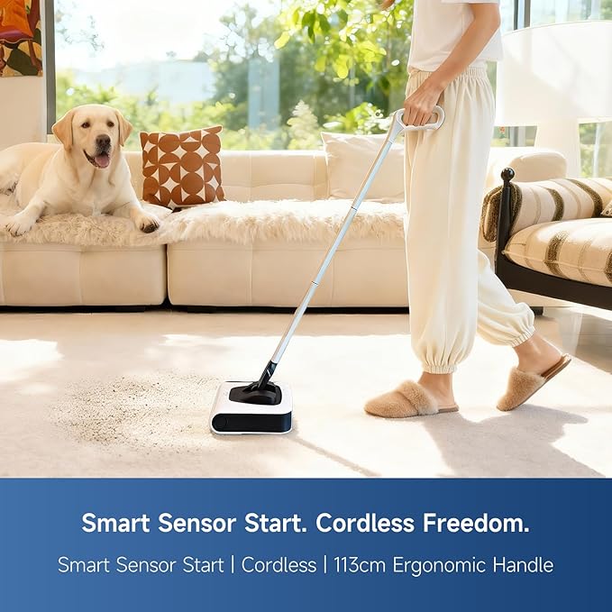 FMART FM-009 Cordless Electric Floor Sweeper — Lightweight One-Hand Operation with Flexible Handle, Quiet Design, Powerful High-Speed Edge Brush, for Hard Floors, Corners & Low-Pile Carpets