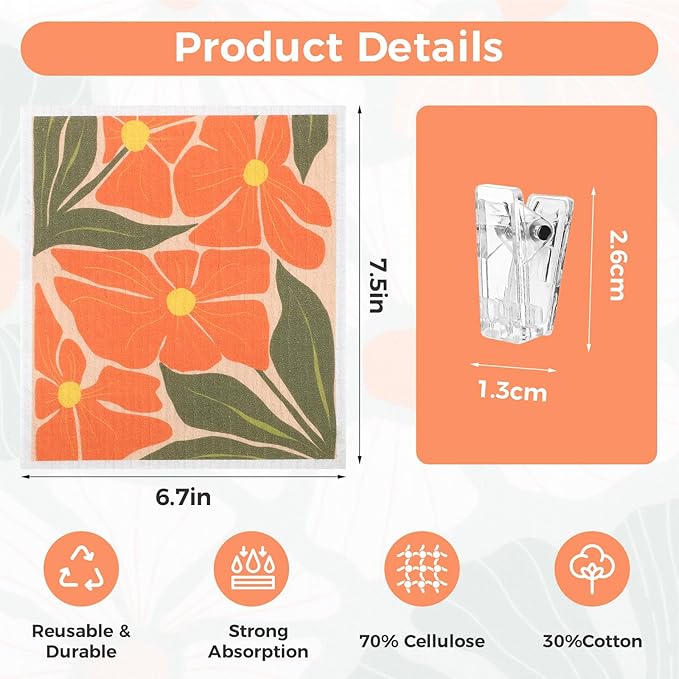 6 Pack Swedish Dishcloths for Kitchen,Abstract Floral Swedish Rags Dish Towels with Clips, Reusable Paper Towels Washable Absorbent Cellulose Sponge Cloths No Odor for Cleaning Home Sink Kitchen