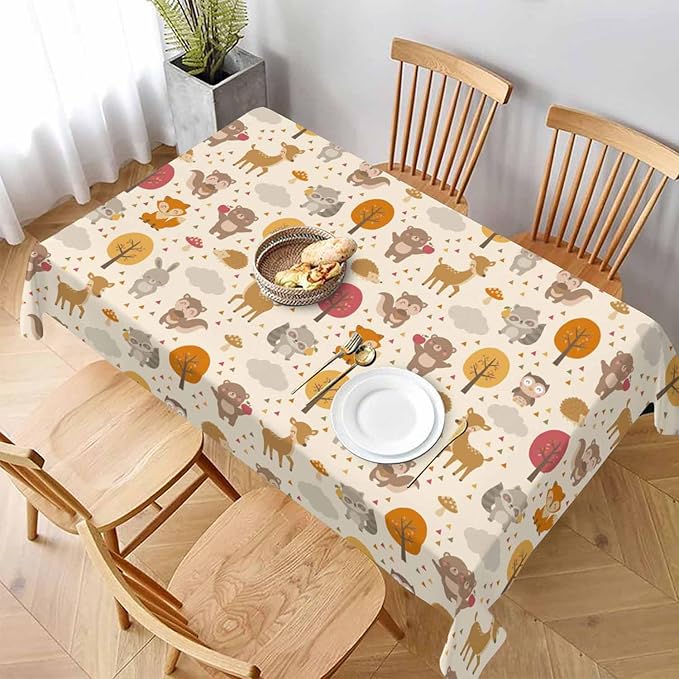 Cute Woodland Animals Table Cloth 52x70 Cartoon Rabbit Hedgehog Raccoon Autumn Tree Rectangular Tablecloth Polyester Washable Table Cover for Dining Kitchen Banquet Picnic Decorative