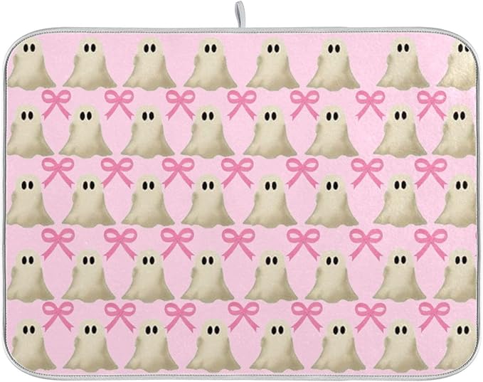 Halloween Ghost Bow Dish Drying Mat for Kitchen Countertop 16x18 Pink Bowknot Spooky Small Drying Mat Reusable Quick Dry Dish Sink Mats Easy Clean Decorative Essentials