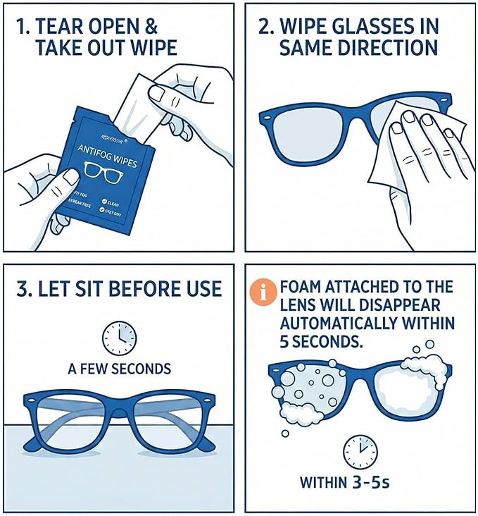 Anti Fog Wipes for Glasses (100-pack) | Pre-Moistened, Quick Dry & Scratch Free for Laptop Screens, Optical Lens, Goggles, Smart Phone and Watch Screens (Extra Large)