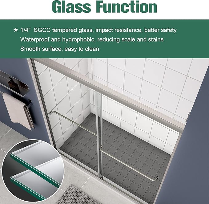 Bypass Glass Shower Door 50-54" W x 70" H with 1/4" Clear SGCC Tempered Glass, Semi-Frameless Double Sliding Shower Door, Easy to Clean, Easy to Install, Chrome