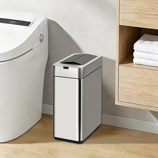 Sensor Trash Can with Butterfly Lid 2.6 Gallon Rectangular Automatic Garbage Can, Stainless Steel Trash Bin, Slim Waterproof Wastebaskets with Lid Soft Close for Under Counter, Silver