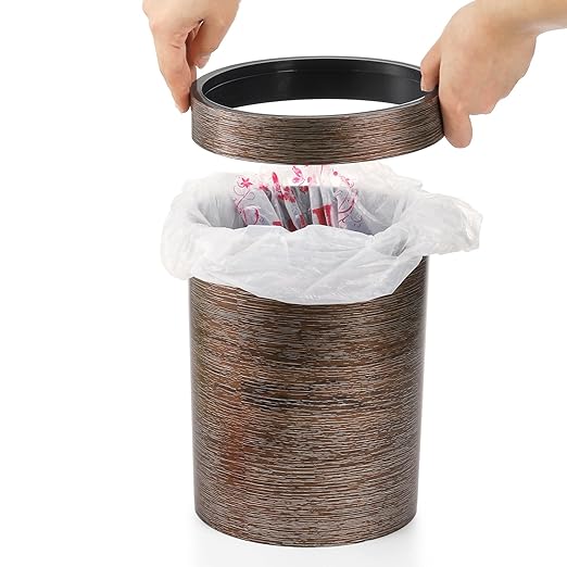 3 Pack Vintage Small Trash Can, 1.7 Gallon Plastic Round Wastebasket, Hipsteen Retro Style Garbage Can, Wood Grain Garbage Bin with Top Ring to Fix Bag for Home Kitchen Office Bathroom