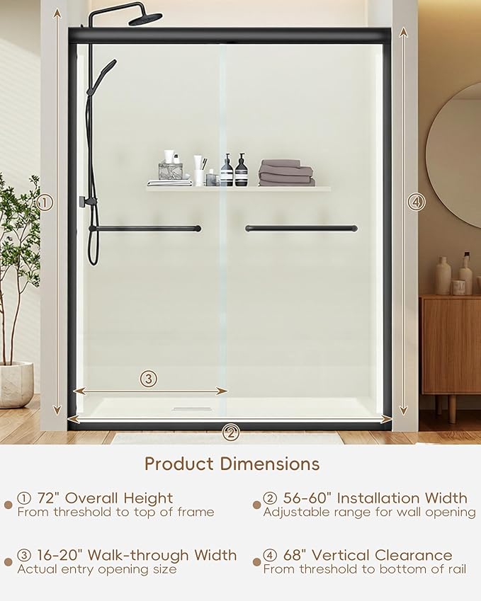 Shower Door 56-60'' W x 72'' H Semi-Frameless & Double Sliding, 1/4 inch (6mm) Thickness Clear Tempered Glass for Walk-in Shower, Matte Black