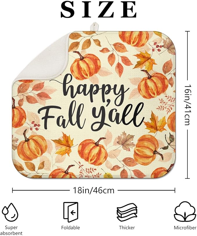 Fall Dish Drying Mat for Kitchen Counter,Autumn Pumpkin Maple Leaf Pattern Microfiber Drying Mat,Washable Absorbent Countertop Harvest Thanksgiving Dish Mat Drain Mat,16x18 Inch