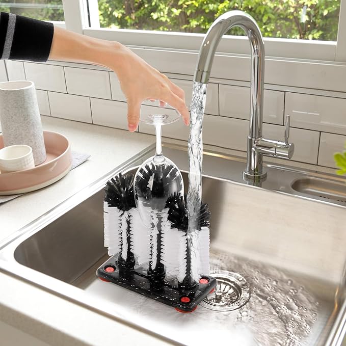 Yesland Water Bottle Cleaning Brush with Suction Base, 3 Head Removable Glass Washer Bristle Brush Cleaner for Long Leg Cup, Beer Cup, Red Wine Glass, Bar, Kitchen, Sink, Home Tools