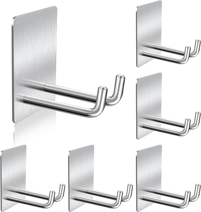 Adhesive Hooks, Stick on Stainless Steel Towel Robe Razor Wall Hooks for Bathroom Kitchen, Sticky Heavy Duty Durable Shower Hangers for Hanging Hat Coat Key Silver(6pcs)