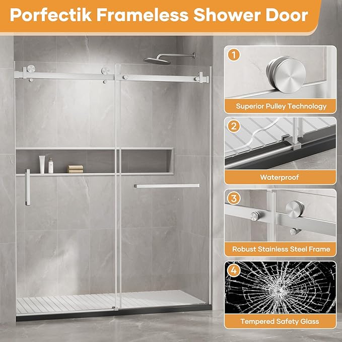 Venice Frameless Shower Door 60 in W x 74 in H,5/16"(8mm) Clear Tempered Glass Door, Bathroom Shower Door with 18 inch Pull Handle, Stainless Steel Hardware,Brushed Nickel
