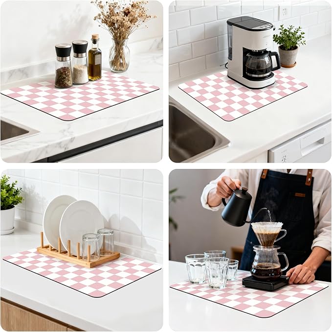 16" x 24" Checkered Dish Drying Mat for Kitchen Counter, Absorbent Coffee Bar Mat for Espresso Machine Coffee Countertops Accessories (Pink)