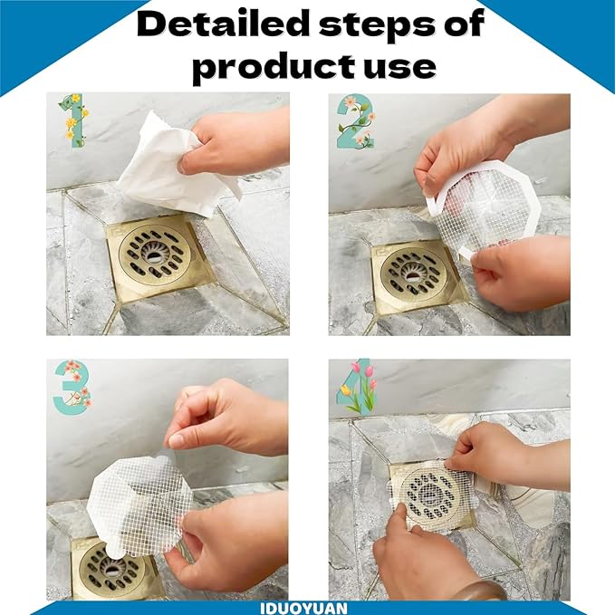 IDUOYUAN 35 Pcs Shower Drain Hair Catcher, Bathtub Drain Hair Catcher Sticky Traps - Disposable Hair Trap for Shower Drain, Sink & Tub. Easy Peel & Stick Mesh Covers
