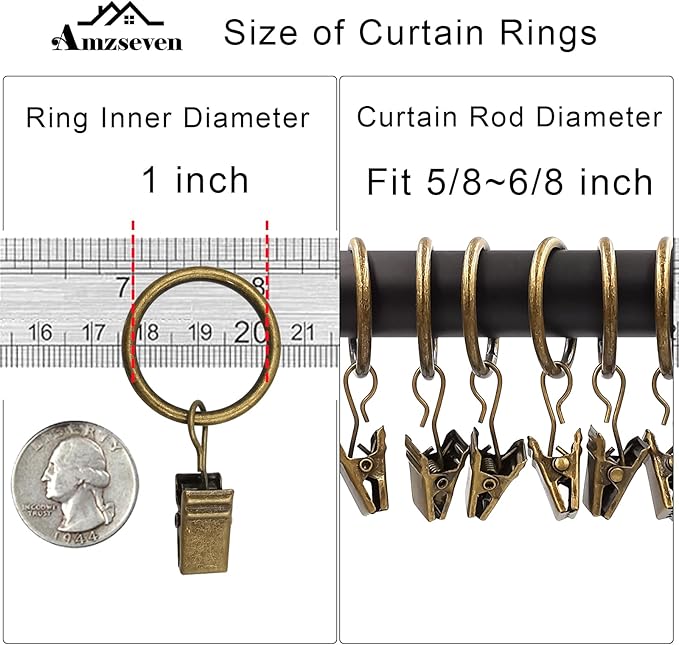 100 Pack Metal Curtain Rings with Clips, Drapery Clips with Rings, Drapes Rings 1 inch Inner Diameter, Fits Diameter 5/8 inch Curtain Rods, Vintage Bronze