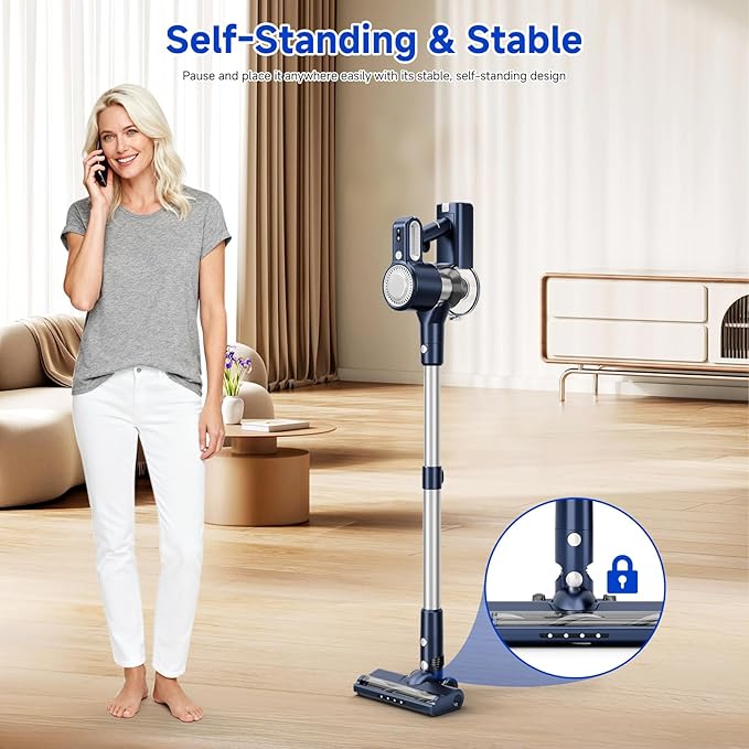 Cordless Vacuum Cleaner for Home: 6-in-1 Stick Vacuum with Powerful Suction, Rechargeable, Anti-Tangle Pet Hair Brush, Self-Standing, Green LED Headlight Vacuum for Carpet & Hardwood Floors-Dark Blue