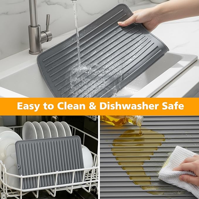 Songrey 18" x 16" Silicone Dish Drying Mat, Kitchen Counter Drying Pad for Sink Dishes or Under Rack, Multi-Use as Heat Resistant Trivet, Coffee Bar Mat
