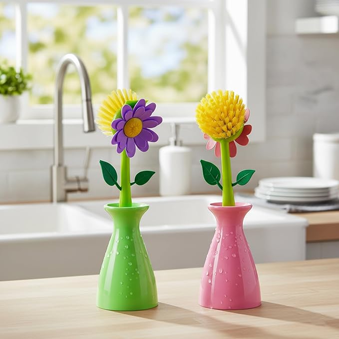 Long Handle Vegetable and Fruit Brush, Florganic Dish Brush with Vase, Long Handle Dish Brush Kitchen, for Cleaning Pot Pan Sink Kitchen Supplies Decorative Vase (2 Pcs Green, Pink)